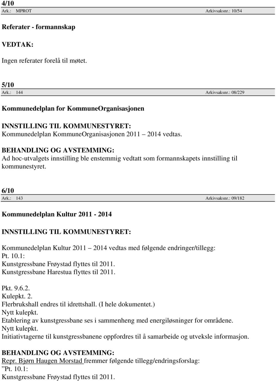 Ad hoc-utvalgets innstilling ble enstemmig vedtatt som formannskapets innstilling til kommunestyret. 6/10 Ark.: 143 Arkivsaksnr.