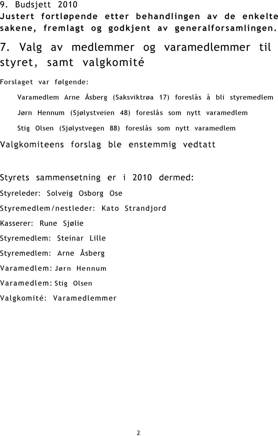 (Sjølystveien 48) foreslås som nytt varamedlem Stig Olsen (Sjølystvegen 88) foreslås som nytt varamedlem Valgkomiteens forslag ble enstemmig vedtatt Styrets sammensetning er i