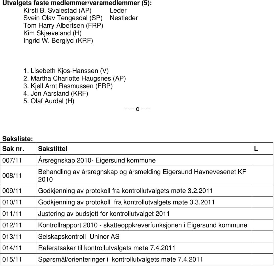 Sakstittel L 007/11 Årsregnskap 2010- Eigersund kommune 008/11 Behandling av årsregnskap og årsmelding Eigersund Havnevesenet KF 2010 009/11 Godkjenning av protokoll fra kontrollutvalgets møte 3.2.2011 010/11 Godkjenning av protokoll fra kontrollutvalgets møte 3.