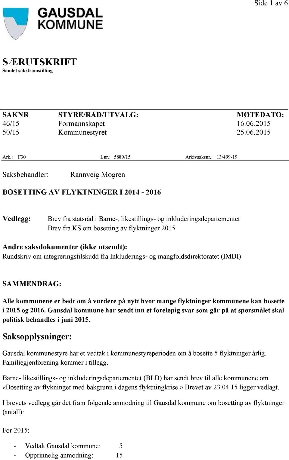 flyktninger 2015 Andre saksdokumenter (ikke utsendt): Rundskriv om integreringstilskudd fra Inkluderings- og mangfoldsdirektoratet (IMDI) SAMMENDRAG: Alle kommunene er bedt om å vurdere på nytt hvor