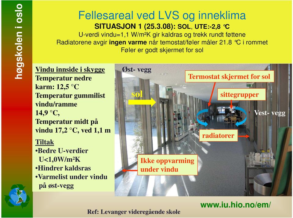 8 C i rommet Føler er godt skjermet for sol Vindu innside i skygge Temperatur nedre karm: 12,5 C Temperatur gummilist vindu/ramme 14,9 C, Temperatur