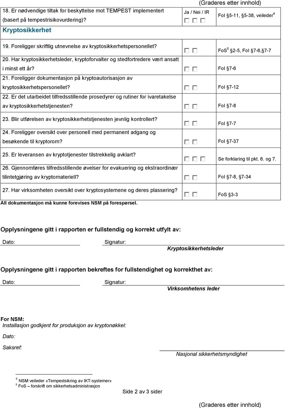 Foreligger dokumentasjon på kryptoautorisasjon av kryptosikkerhetspersonellet? FoI 7-12 22. Er det utarbeidet tilfredsstillende prosedyrer og rutiner for ivaretakelse av kryptosikkerhetstjenesten?