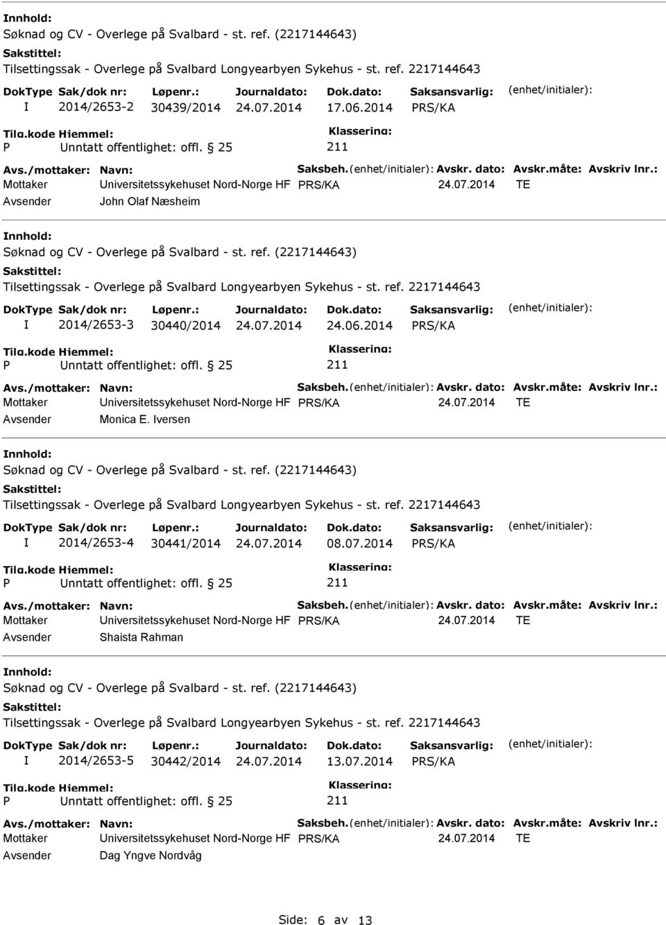 måte: Avskriv lnr.: Mottaker niversitetssykehuset Nord-Norge HF RS/KA TE Monica E. versen 2014/2653-4 30441/2014 08.07.2014 RS/KA nntatt offentlighet: offl. 25 Avs./mottaker: Navn: Saksbeh. Avskr. dato: Avskr.