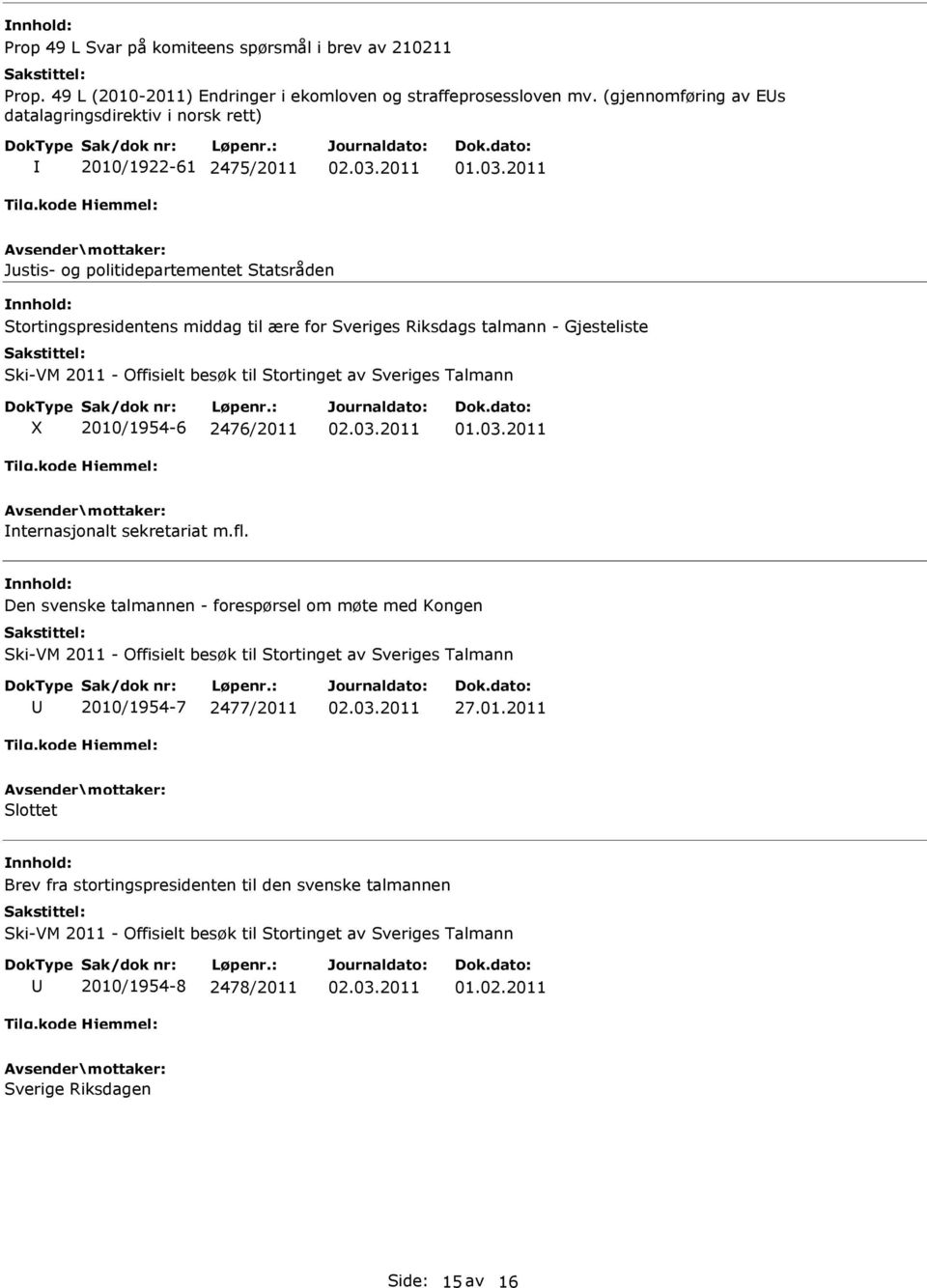 Gjesteliste Ski-VM 2011 - Offisielt besøk til Stortinget av Sveriges Talmann X 2010/1954-6 2476/2011 nternasjonalt sekretariat m.fl.