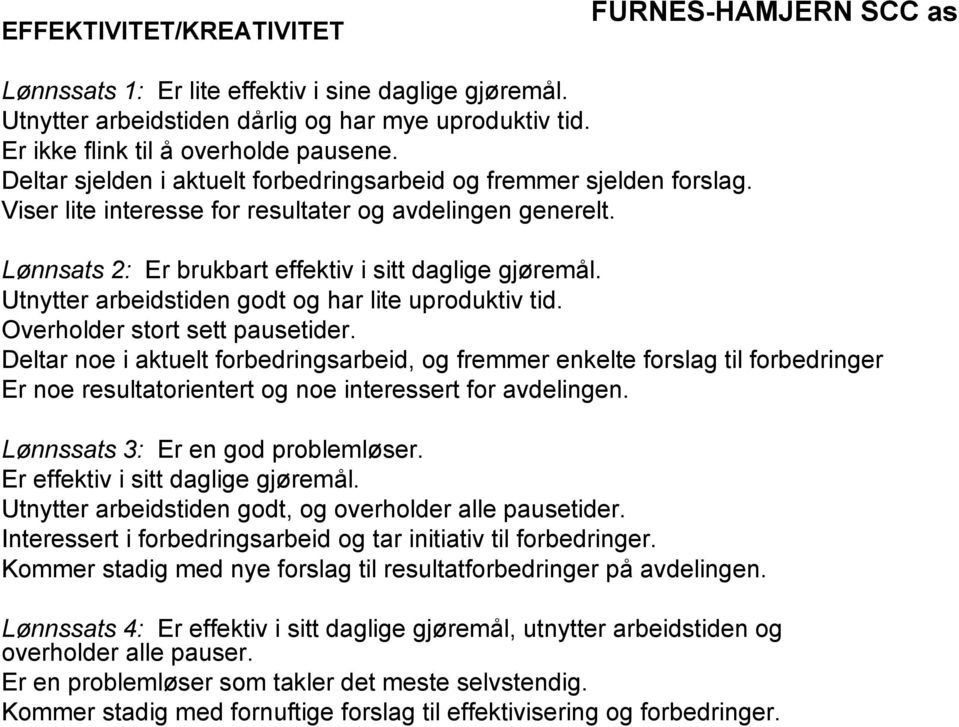 Utnytter arbeidstiden godt og har lite uproduktiv tid. Overholder stort sett pausetider.