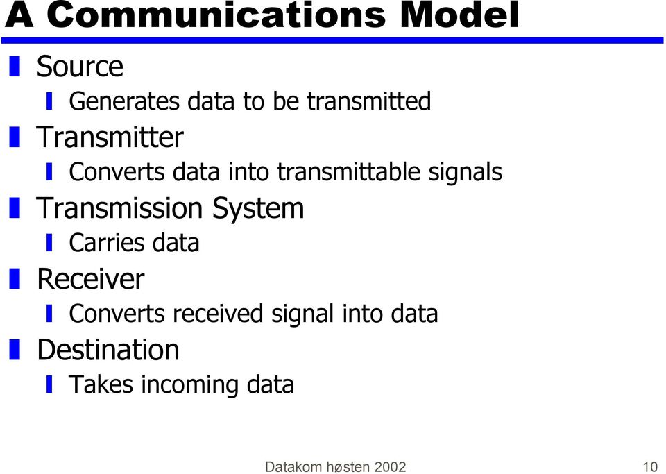 signals Transmission System Carries data Receiver Converts