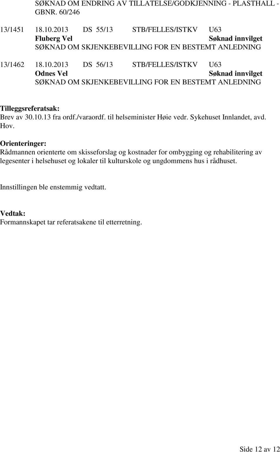 2013 DS 56/13 STB/FELLES/ISTKV U63 Odnes Vel Søknad innvilget SØKNAD OM SKJENKEBEVILLING FOR EN BESTEMT ANLEDNING Tilleggsreferatsak: Brev av 30.10.13 fra ordf./varaordf.