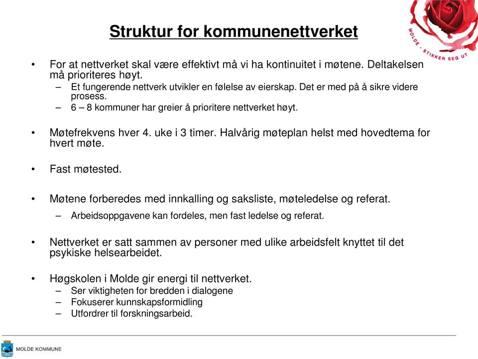 Fast møtested. Møtene forberedes med innkalling og saksliste, møteledelse og referat. Arbeidsoppgavene kan fordeles, men fast ledelse og referat.