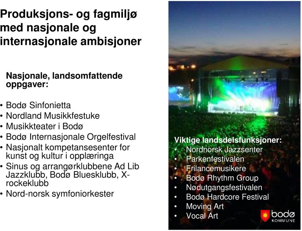 Sinus og arrangørklubbene Ad Lib Jazzklubb, Bodø Bluesklubb, X- rockeklubb Nord-norsk symfoniorkester Viktige landsdelsfunksjoner: