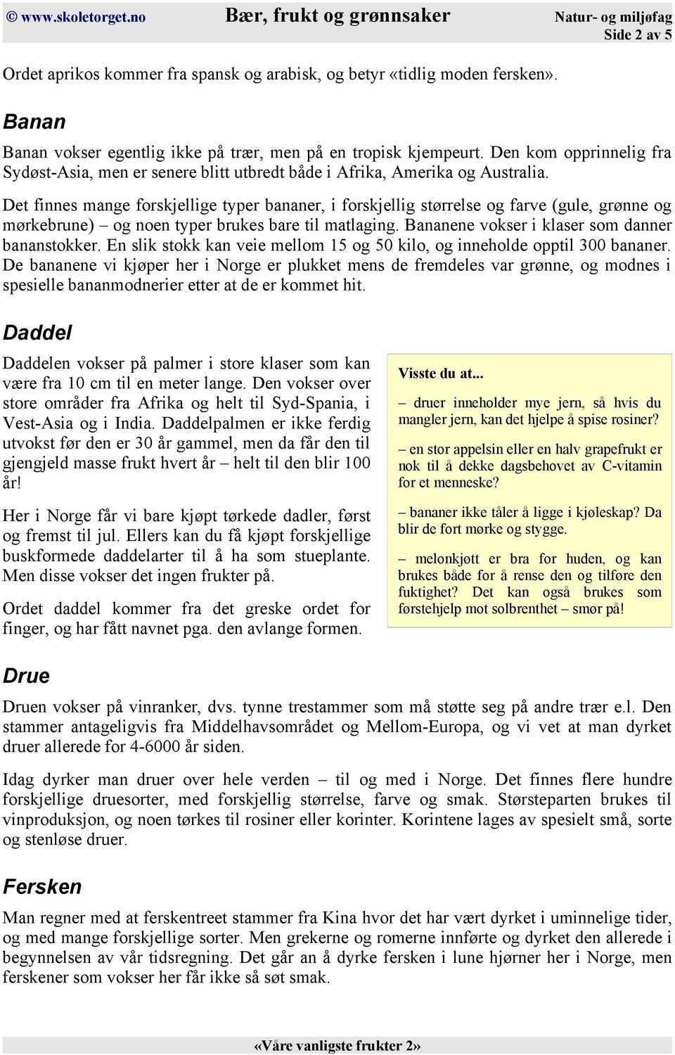 Det finnes mange forskjellige typer bananer, i forskjellig størrelse og farve (gule, grønne og mørkebrune) og noen typer brukes bare til matlaging. Bananene vokser i klaser som danner bananstokker.