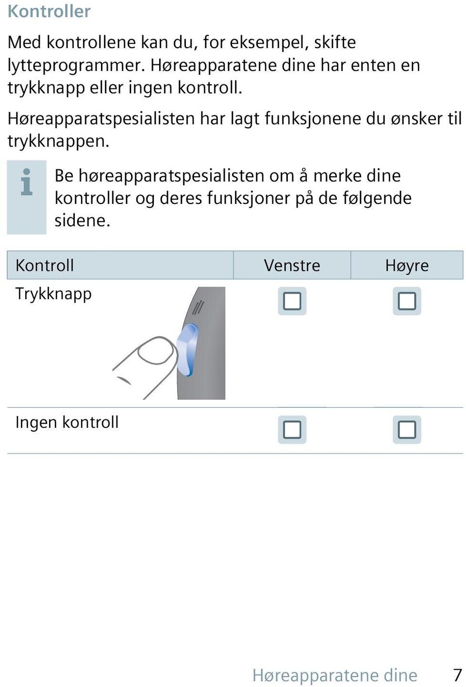 Høreapparatspesialisten har lagt funksjonene du ønsker til trykknappen.