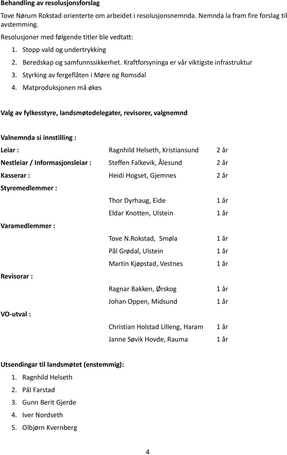 Matproduksjonen må økes Valg av fylkesstyre, landsmøtedelegater, revisorer, valgnemnd Valnemnda si innstilling : Leiar : Ragnhild Helseth, Kristiansund 2 år Nestleiar / Informasjonsleiar : Steffen