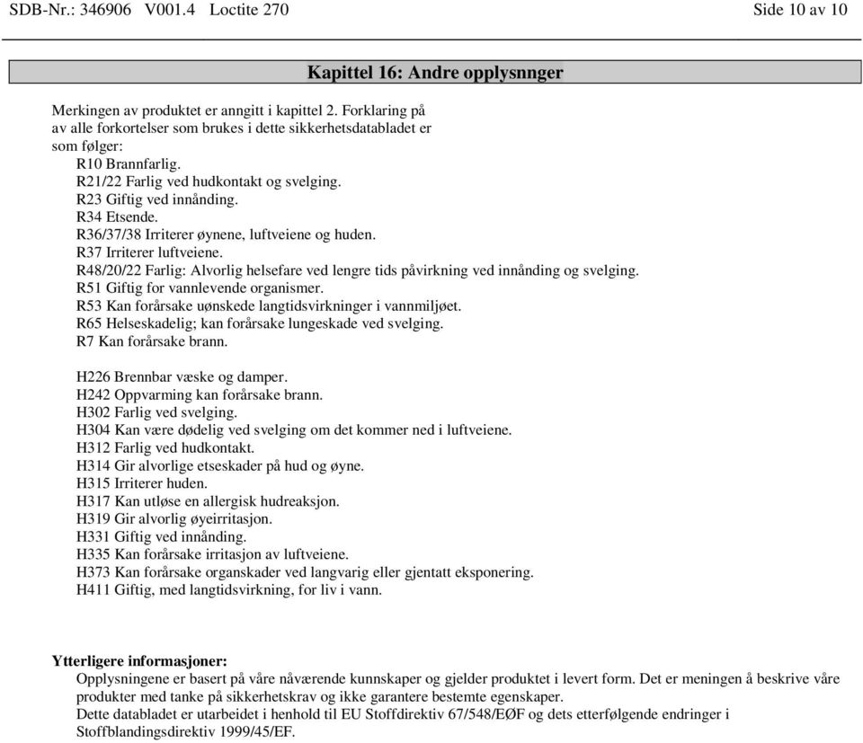 R36/37/38 Irriterer øynene, luftveiene og huden. R37 Irriterer luftveiene. R48/20/22 Farlig: Alvorlig helsefare ved lengre tids påvirkning ved innånding og svelging.