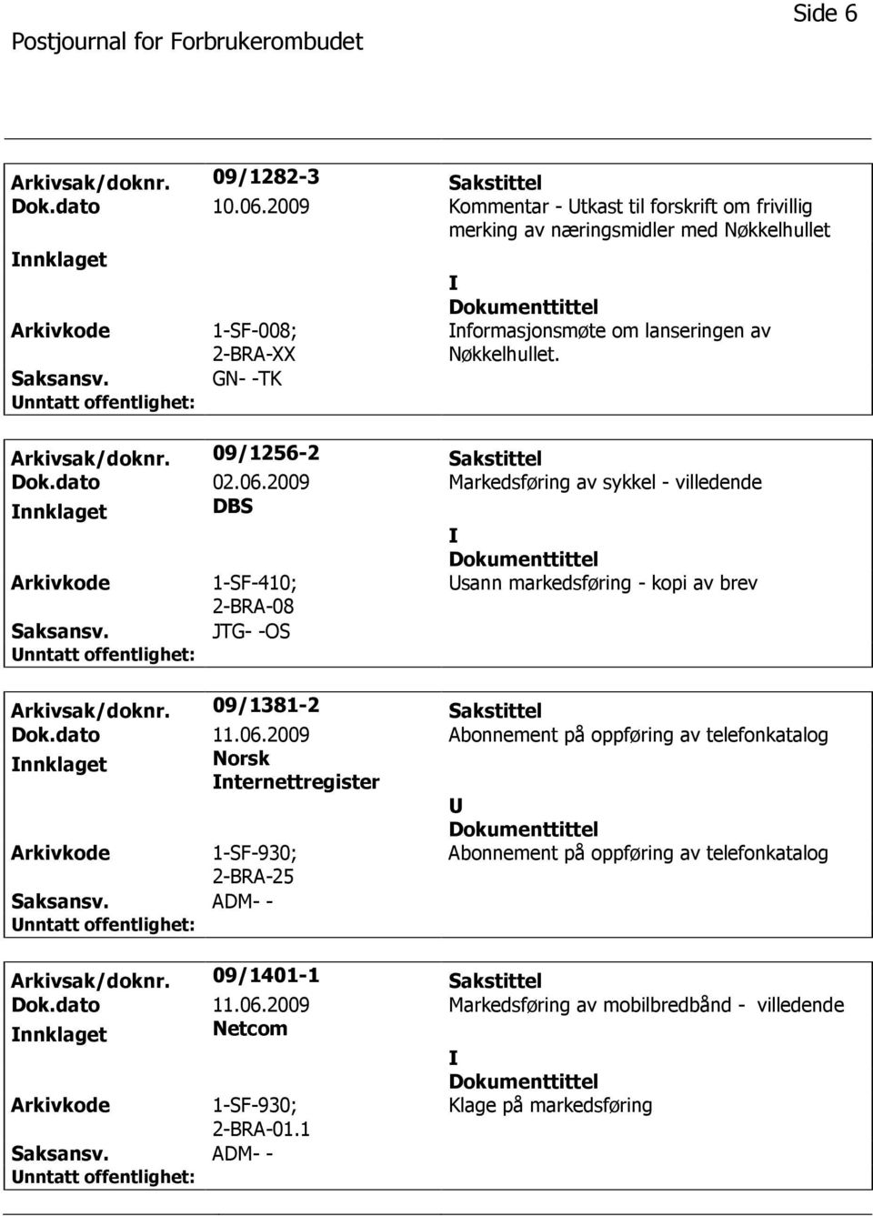 09/1256-2 Sakstittel Dok.dato 02.06.2009 Markedsføring av sykkel - villedende nnklaget DBS 1-SF-410; 2-BRA-08 sann markedsføring - kopi av brev JTG- -OS Arkivsak/doknr.