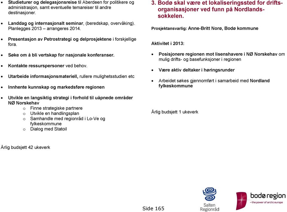 Prosjektansvarlig: Anne-Britt Norø, Bodø kommune Aktivitet i 2013: Søke om å bli vertskap for nasjonale konferanser. Kontakte ressurspersoner ved behov.