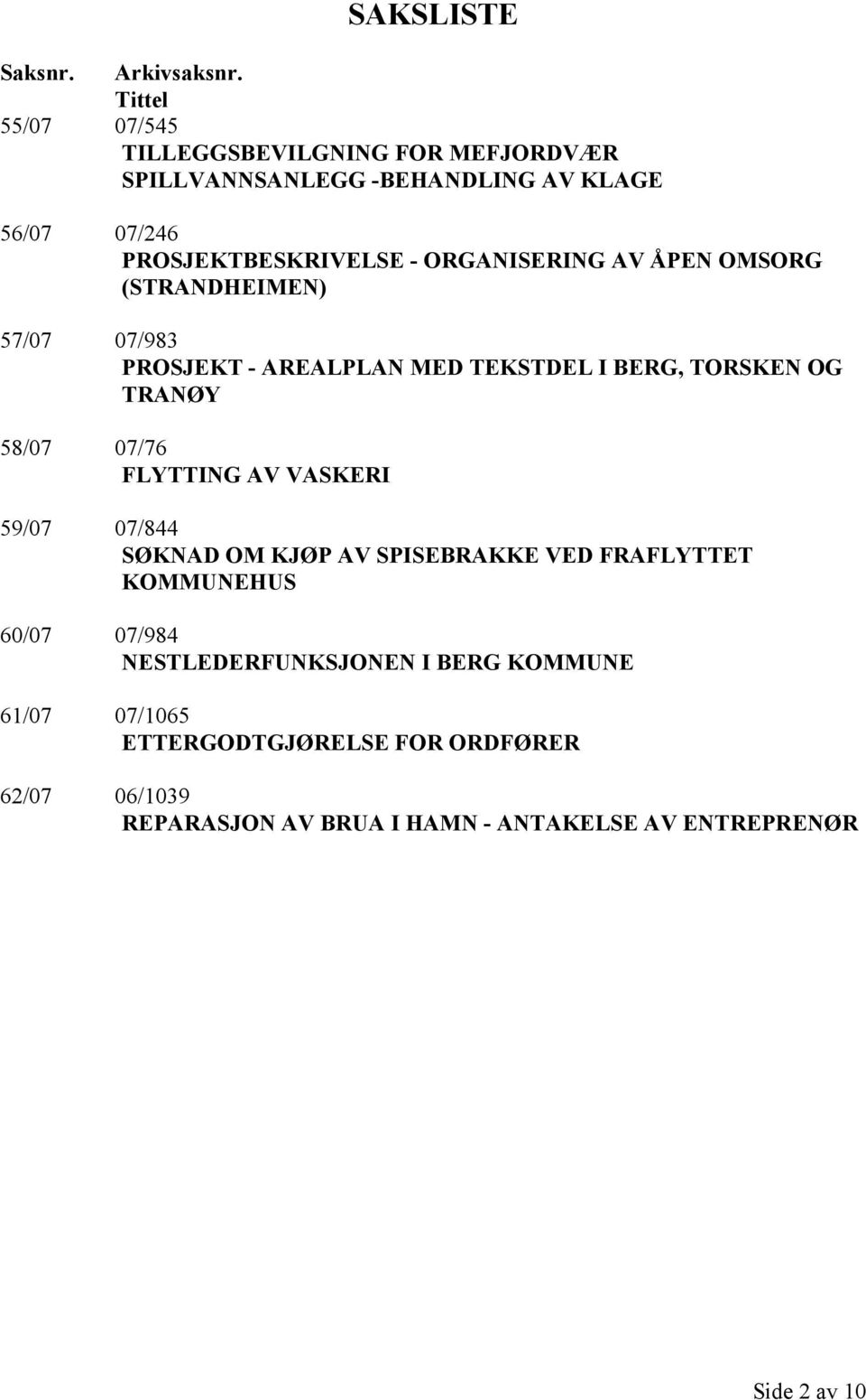 ORGANISERING AV ÅPEN OMSORG (STRANDHEIMEN) 57/07 07/983 PROSJEKT - AREALPLAN MED TEKSTDEL I BERG, TORSKEN OG TRANØY 58/07 07/76 FLYTTING