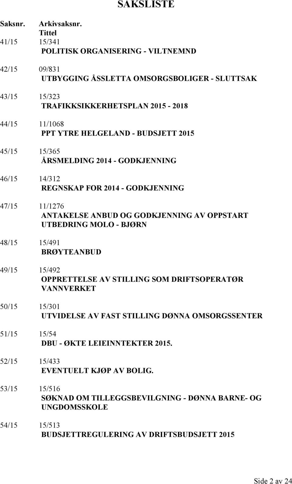 BUDSJETT 2015 45/15 15/365 ÅRSMELDING 2014 - GODKJENNING 46/15 14/312 REGNSKAP FOR 2014 - GODKJENNING 47/15 11/1276 ANTAKELSE ANBUD OG GODKJENNING AV OPPSTART UTBEDRING MOLO - BJØRN 48/15 15/491