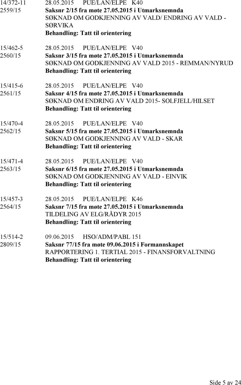 05.2015 PUE/LAN/ELPE V40 2562/15 Saksnr 5/15 fra møte 27.05.2015 i Utmarksnemnda SØKNAD OM GODKJENNING AV VALD - SKAR Tatt til orientering 15/471-4 28.05.2015 PUE/LAN/ELPE V40 2563/15 Saksnr 6/15 fra møte 27.