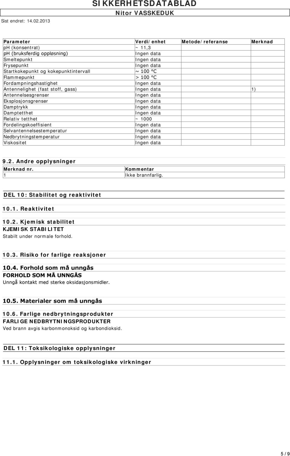 Nedbrytningstemperatur Viskositet 9.2. Andre opplysninger Merknad nr. Kommentar 1 Ikke brannfarlig. DEL 10: Stabilitet og reaktivitet 10.1. Reaktivitet 10.2. Kjemisk stabilitet KJEMISK STABILITET Stabilt under normale forhold.