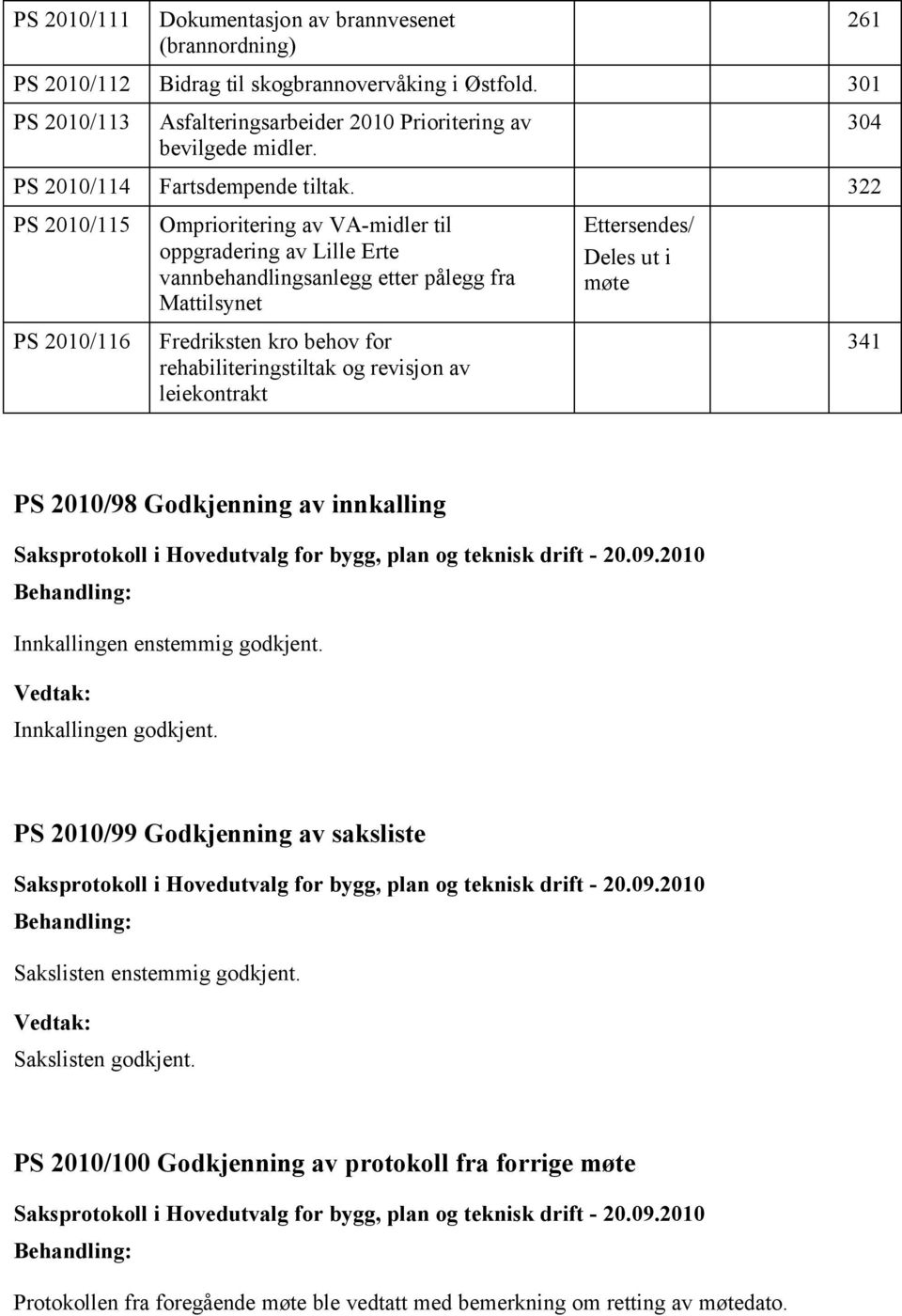 322 PS 2010/115 PS 2010/116 Omprioritering av VA-midler til oppgradering av Lille Erte vannbehandlingsanlegg etter pålegg fra Mattilsynet Fredriksten kro behov for rehabiliteringstiltak og revisjon