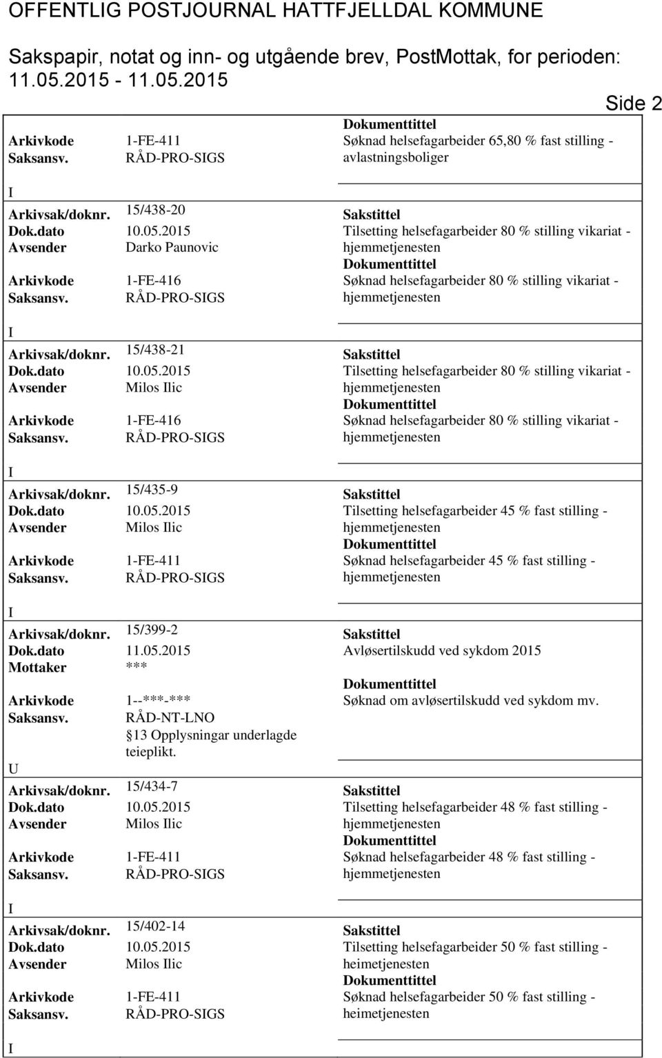 15/438-21 Sakstittel Dok.dato 10.05.2015 Tilsetting helsefagarbeider 80 % stilling vikariat - Avsender Milos lic Arkivkode 1-FE-416 Søknad helsefagarbeider 80 % stilling vikariat - Saksansv.