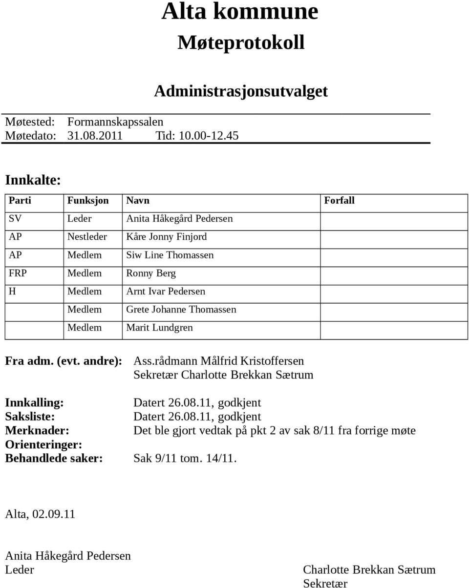 Berg H Medlem Arnt Ivar Pedersen Medlem Grete Johanne Thomassen Medlem Marit Lundgren Fra adm. (evt. andre): Ass.