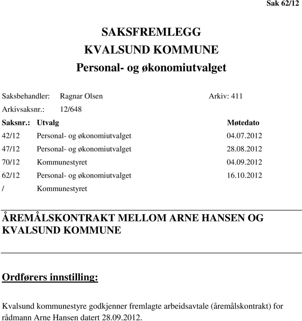 2012 70/12 Kommunestyret 04.09.2012 62/12 Personal- og økonomiutvalget 16.10.