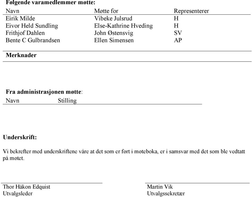 administrasjonen møtte: Navn Stilling Underskrift: Vi bekrefter med underskriftene våre at det som er ført i