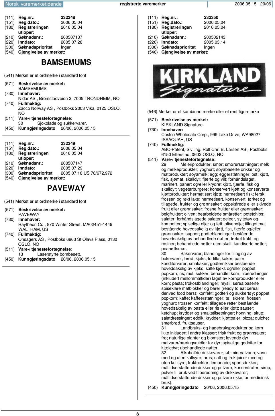 14 BAMSEMUMS Nidar AS, Bromstadveien 2, 7005 TRONDHEIM, Zacco Norway AS, Postboks 2003 Vika, 0125 OSLO, 30 Sjokolade og sukkervarer. (111) Reg.nr.: 232349 (151) Reg.dato.: 2006.05.04 (180) Registreringen 2016.