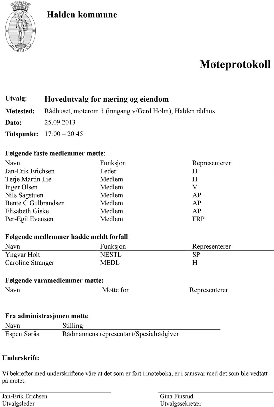 Leder H Terje Martin Lie Medlem H Inger Olsen Medlem V Nils Sagstuen Medlem AP Bente C Gulbrandsen Medlem AP Elisabeth Giske Medlem AP Per-Egil Evensen Medlem FRP Følgende medlemmer hadde meldt