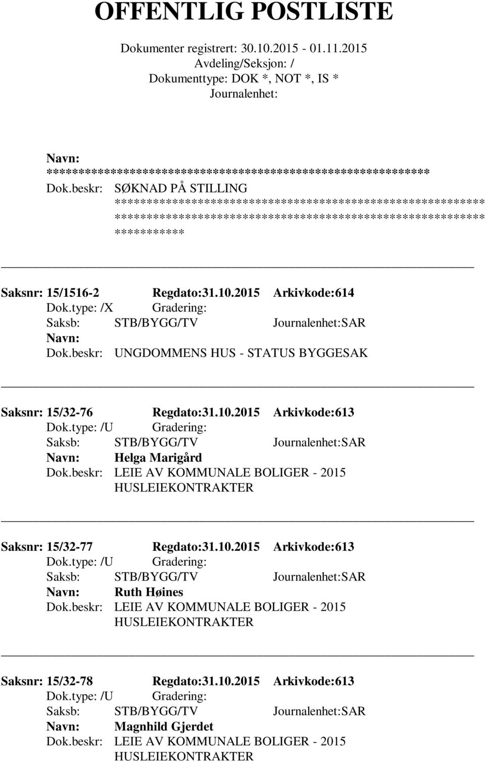 beskr: LEIE AV KOMMUNALE BOLIGER - 2015 HUSLEIEKONTRAKTER Saksnr: 15/32-77 Regdato:31.10.2015 Arkivkode:613 Saksb: STB/BYGG/TV SAR Ruth Høines Dok.