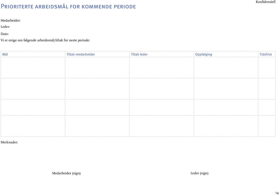 arbeidsmål/tiltak for neste periode: Mål Tiltak medarbeider