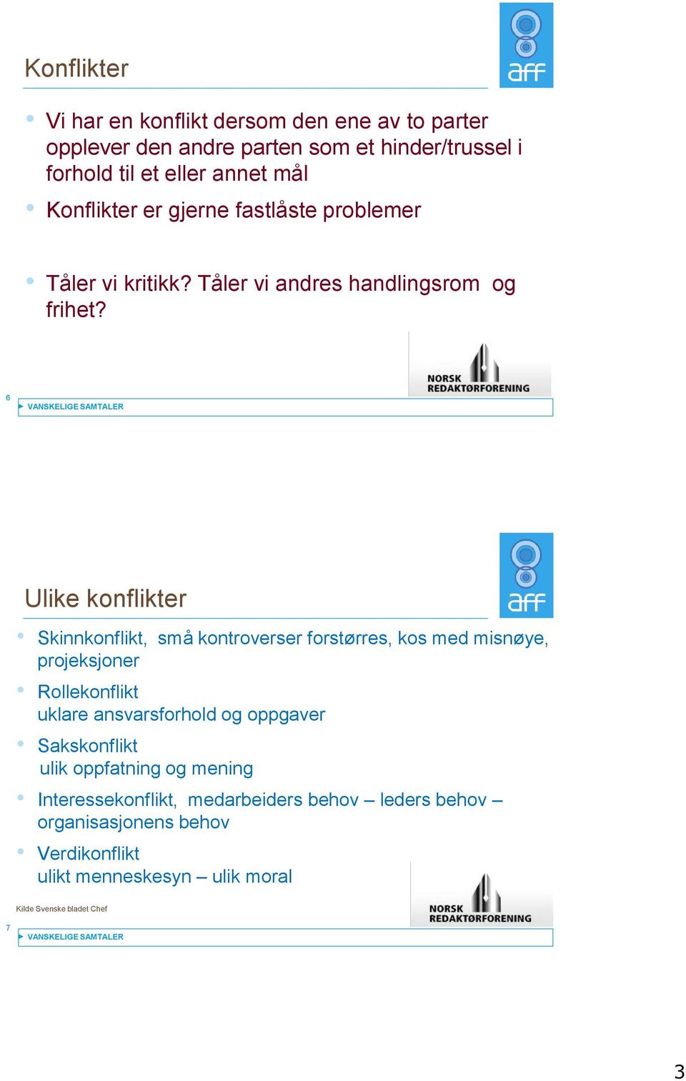 6 Ulike konflikter Skinnkonflikt, små kontroverser forstørres, kos med misnøye, projeksjoner Rollekonflikt uklare ansvarsforhold og oppgaver