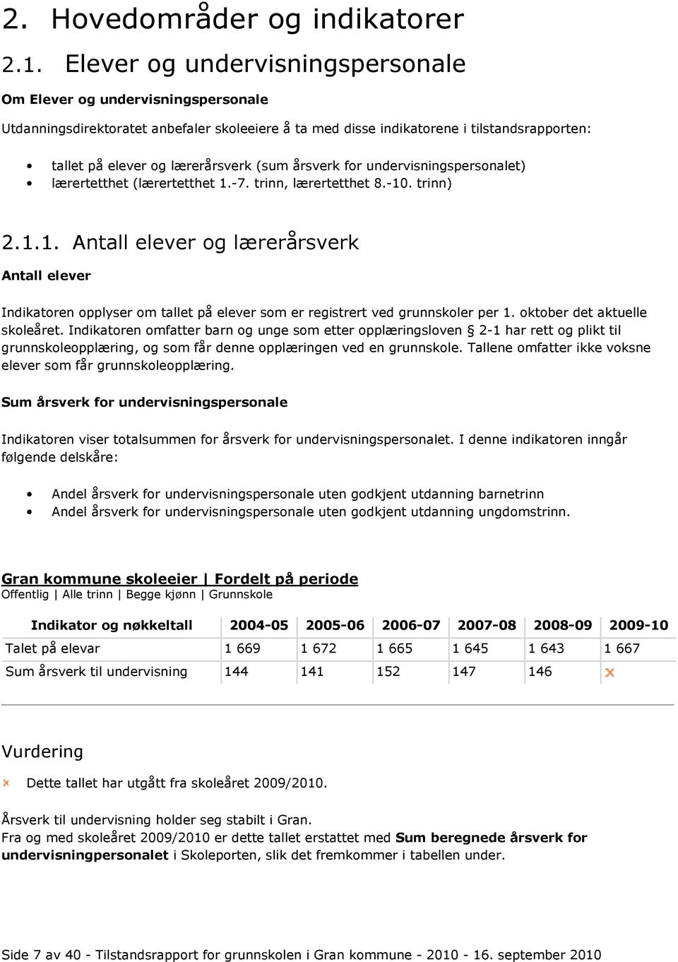 (sum årsverk for undervisningspersonalet) lærertetthet (lærertetthet 1.-7. trinn, lærertetthet 8.-10. trinn) 2.1.1. Antall elever og lærerårsverk Antall elever Indikatoren opplyser om tallet på elever som er registrert ved grunnskoler per 1.