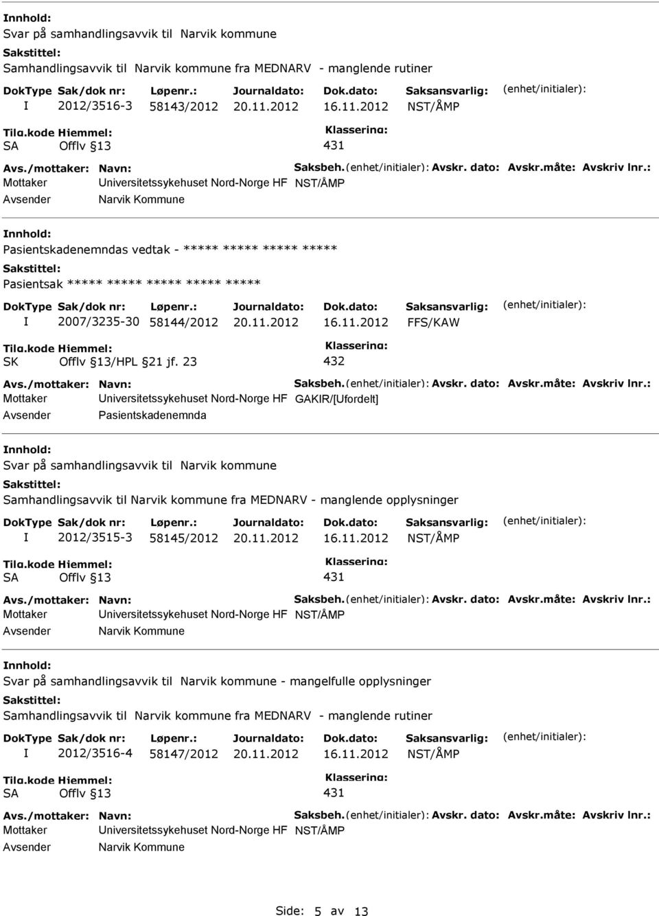 : Mottaker niversitetssykehuset Nord-Norge HF NST/ÅMP Narvik Kommune nnhold: Pasientskadenemndas vedtak - ***** ***** ***** ***** Pasientsak ***** ***** ***** ***** ***** 2007/3235-30 58144/2012