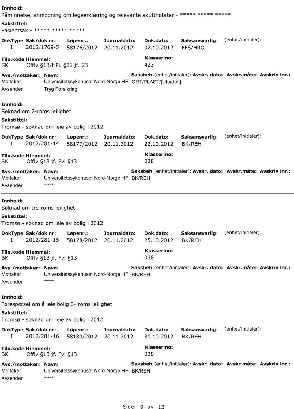 /mottaker: Navn: Saksbeh. Avskr. dato: Avskr.måte: Avskriv lnr.: Mottaker niversitetssykehuset Nord-Norge HF /REH nnhold: Søknad om tre-roms leilighet 2012/281-15 58178/2012 25.10.2012 /REH Avs.