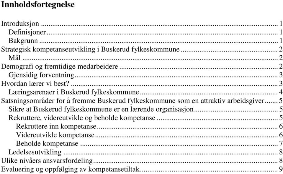 .. 4 Satsningsområder for å fremme Buskerud fylkeskommune som en attraktiv arbeidsgiver... 5 Sikre at Buskerud fylkeskommune er en lærende organisasjon.
