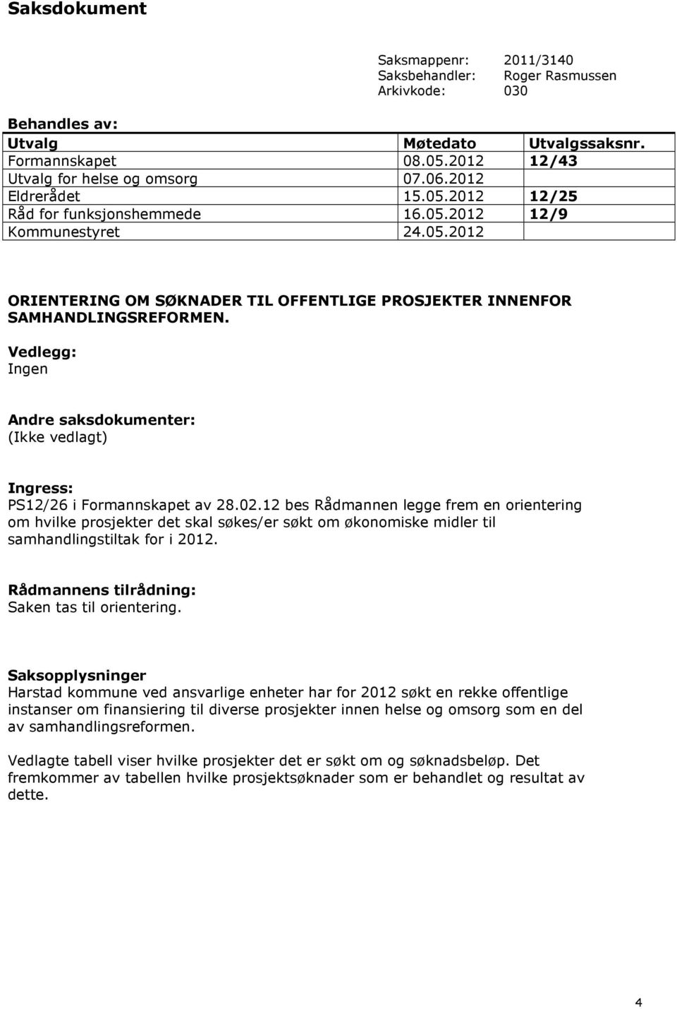 Vedlegg: Ingen Andre saksdokumenter: (Ikke vedlagt) Ingress: PS12/26 i Formannskapet av 28.02.