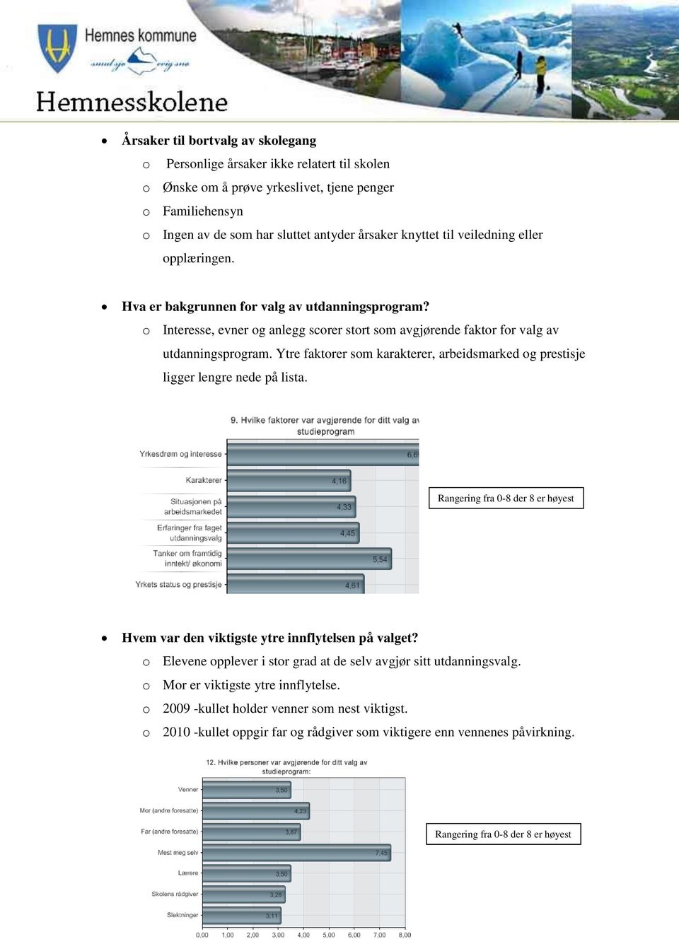 Ytre faktorer som karakterer, arbeidsmarked og prestisje ligger lengre nede på lista. Rangering fra 0-8 der 8 er høyest Hvem var den viktigste ytre innflytelsen på valget?