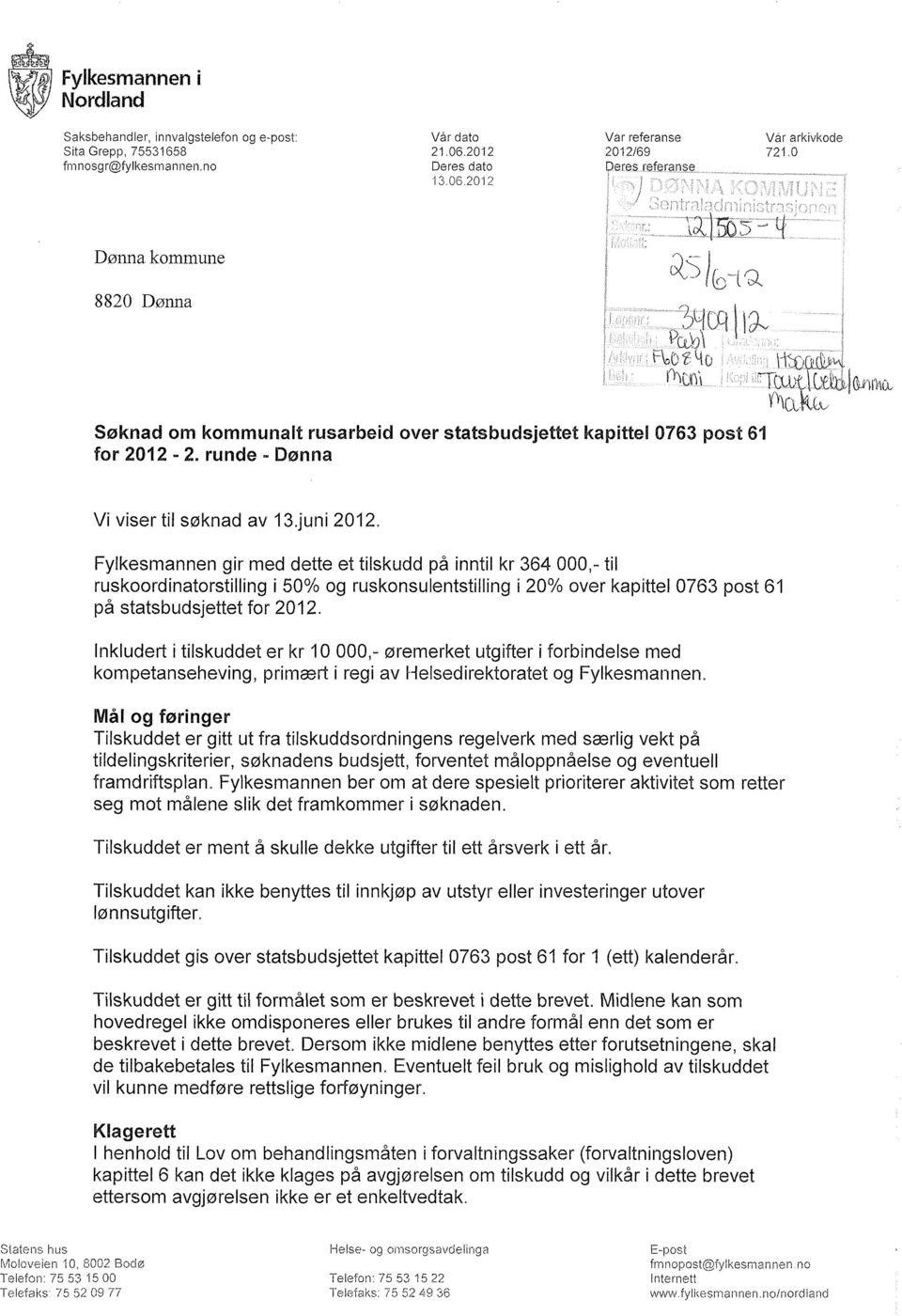 Fylkesmannen gir med dette et tilskudd på inntil kr 364 000,- til ruskoordinatorstilling i 50% og ruskonsulentstilling i 20% over kapittel 0763 post 61 på statsbudsjettet for 2012.