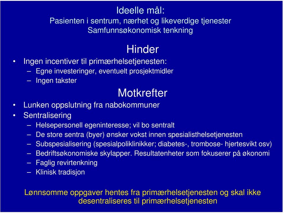 (byer) ønsker vokst innen spesialisthelsetjenesten Subspesialisering (spesialpoliklinikker; diabetes-, trombose- hjertesvikt osv) Bedriftsøkonomiske skylapper.