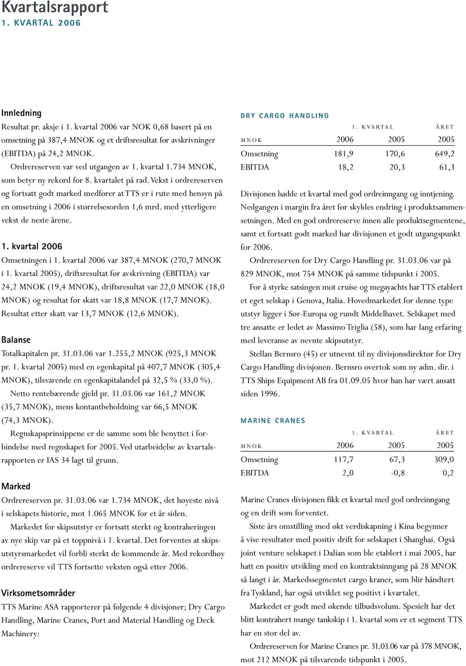 Vekst i ordre reserven og fortsatt godt marked medfører at TTS er i rute med hensyn på en omsetning i 2006 i størrelsesorden 1,6 mrd. med ytterligere vekst de neste årene. 1. kvartal 2006 Omsetningen i 1.