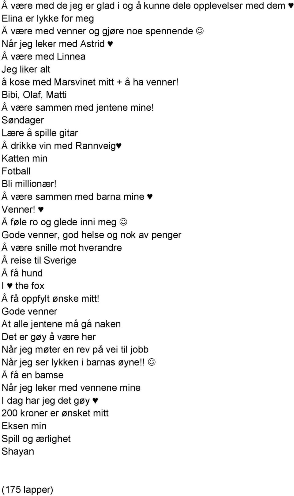 Å være sammen med barna mine Venner! Å føle ro og glede inni meg Gode venner, god helse og nok av penger Å være snille mot hverandre Å reise til Sverige Å få hund I the fox Å få oppfylt ønske mitt!