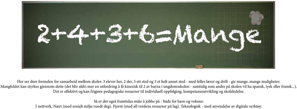 eller fransk...). Det er effektivt og kan frigjøre pedagogiske ressurser til individuell oppfølging, kompetanseutvikling og skoleledelse.