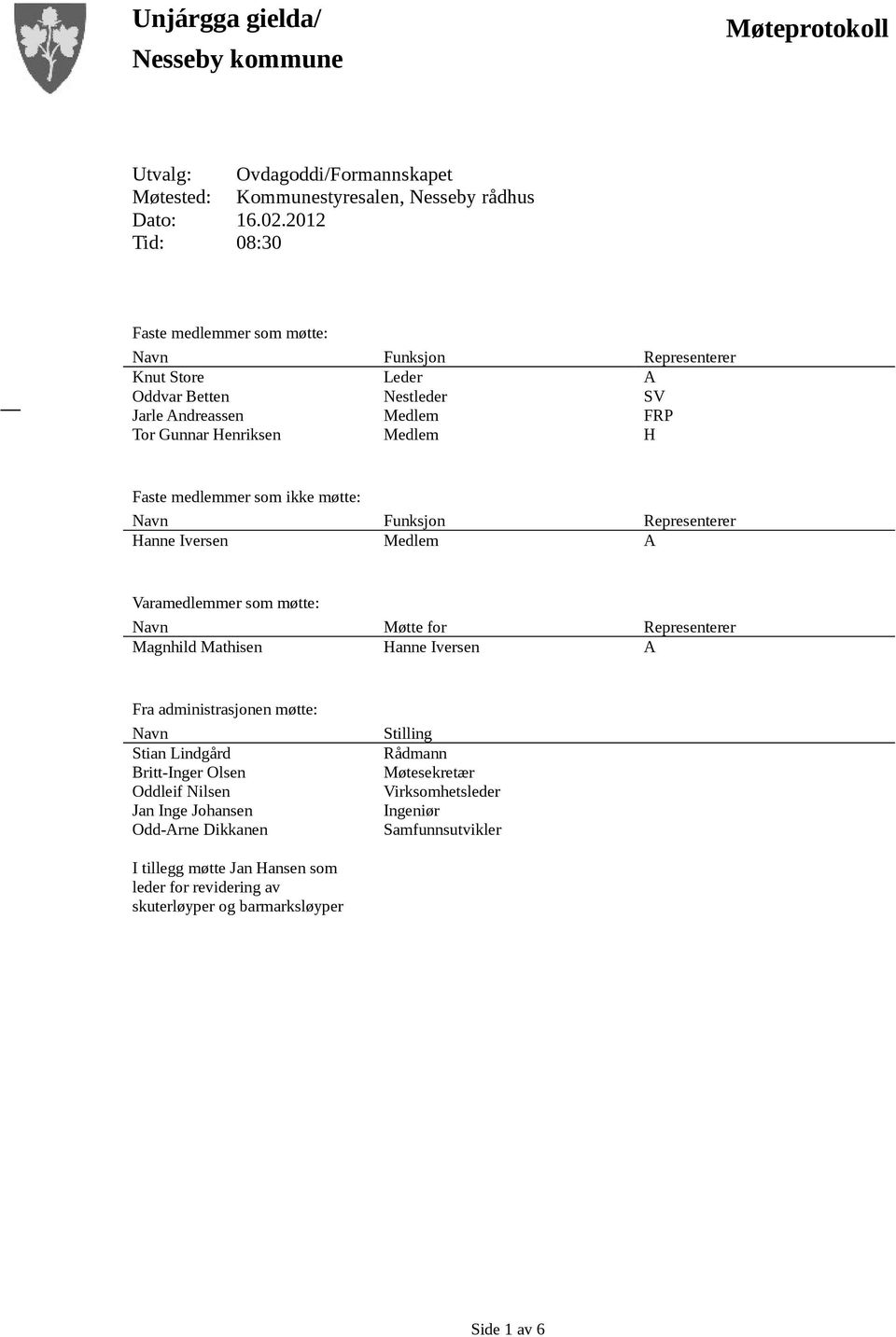 som ikke møtte: Navn Funksjon Representerer Hanne Iversen Medlem A Varamedlemmer som møtte: Navn Møtte for Representerer Magnhild Mathisen Hanne Iversen A Fra administrasjonen møtte: Navn