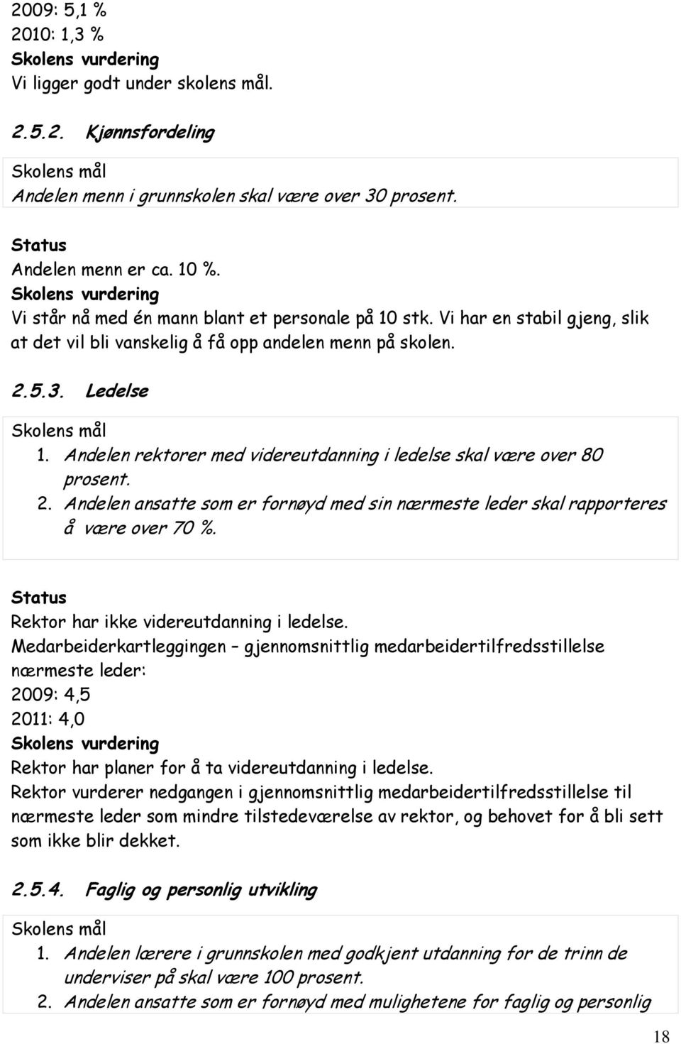 Andelen rektorer med videreutdanning i ledelse skal være over 80 prosent. 2. Andelen ansatte som er fornøyd med sin nærmeste leder skal rapporteres å være over 70 %.