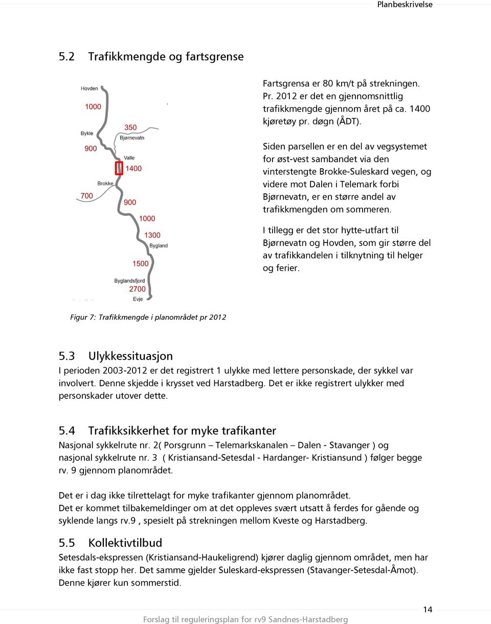 sommeren. I tillegg er det stor hytte-utfart til Bjørnevatn og Hovden, som gir større del av trafikkandelen i tilknytning til helger og ferier. Figur 7: Trafikkmengde i planområdet pr 2012 5.