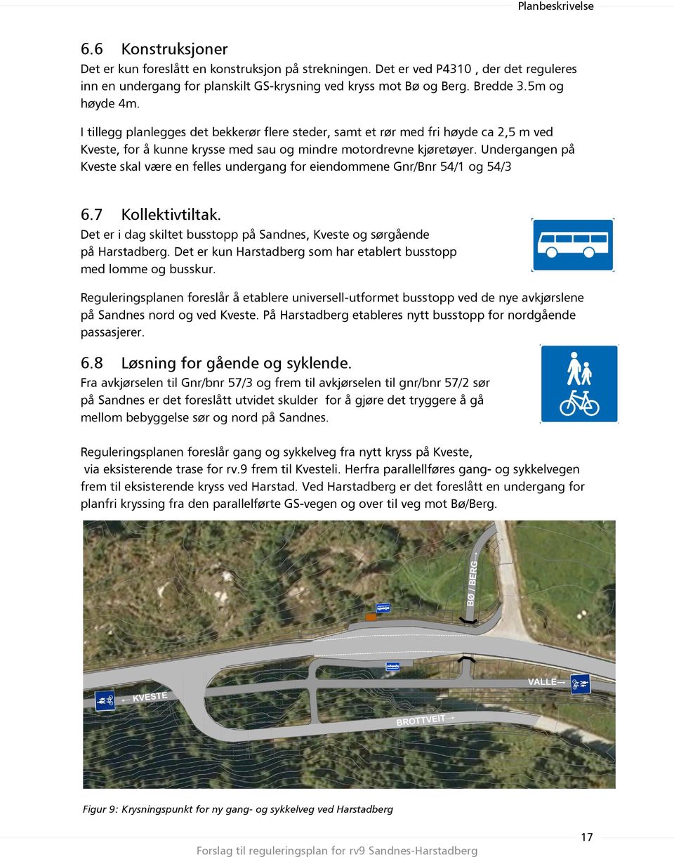 Undergangen på Kveste skal være en felles undergang for eiendommene Gnr/Bnr 54/1 og 54/3 6.7 Kollektivtiltak. Det er i dag skiltet busstopp på Sandnes, Kveste og sørgående på Harstadberg.