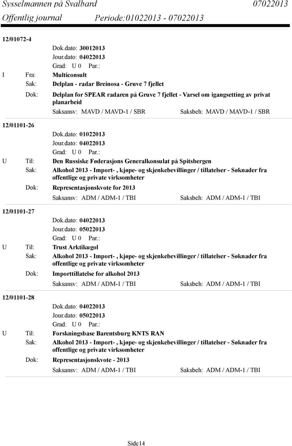 MAVD-1 / SBR Saksbeh: MAVD / MAVD-1 / SBR 12/01101-26 U Til: Den Russiske Føderasjons Generalkonsulat på Spitsbergen Sak: Alkohol 2013 - Import-, kjøpe- og skjenkebevillinger / tillatelser - Søknader