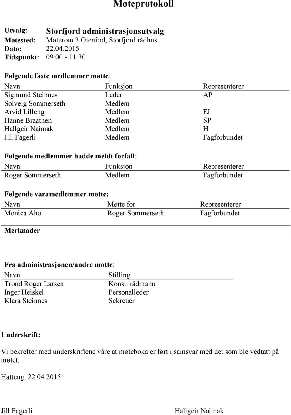 Naimak Medlem H Jill Fagerli Medlem Fagforbundet Følgende medlemmer hadde meldt forfall: Navn Funksjon Representerer Roger Sommerseth Medlem Fagforbundet Følgende varamedlemmer møtte: Navn Møtte for